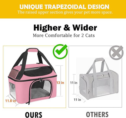 Large Cat Carrier for 2 Cats, Oeko-TEX Certified Soft Side Pet Carrier for Cat, Small Dog, Collapsible Travel Small Dog Carrier, TSA Airline Approved Cat Carrier for Large Cats 20 lbs-Pink