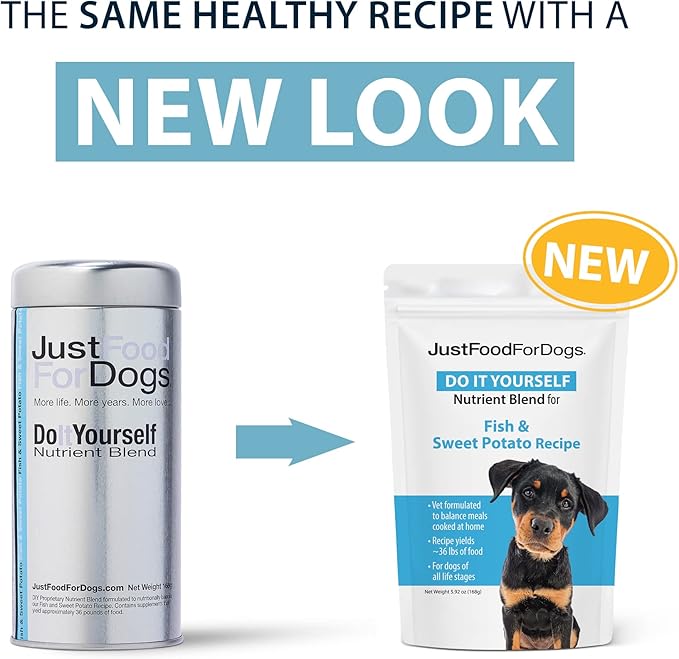 JustFoodForDogs DIY Nutrient Blend for Homemade Dog Food, Fish & Sweet Potato Recipe, 168 grams