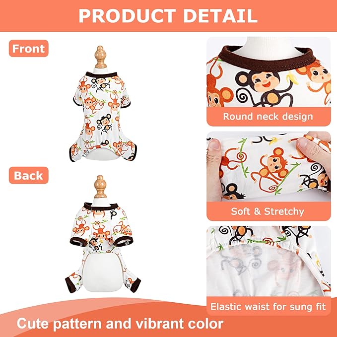 Dog Pajamas Pjs Spring Summer Dog Clothes for Small Dogs Girl - Boy - Medium Size Dogs, Soft Stretchy Puppy Clothes Doggie Onesies Cat Pet Jammies Outfit (Cute Monkey, Large)