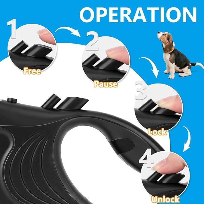 Retractable Dog Leash with Flashlight 16ft Walking Leash for Dogs up to 77lbs 360° Tangle-Free