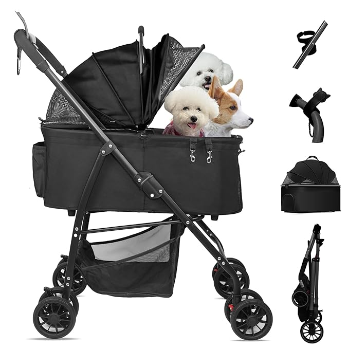 MILA&LOUIS Foldable Dog Stroller 4 Wheels 3 in 1 Folding 30lbs