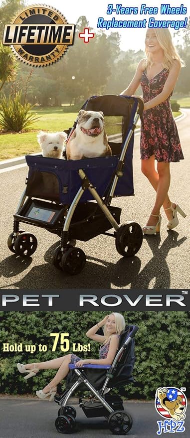 HPZ Pet Rover Premium Heavy Duty Dog/Cat/Pet Stroller Travel Carriage With Convertible Compartment/Zipperless Entry/Reversible Handle/Pump-Free Rubber Tires for Small