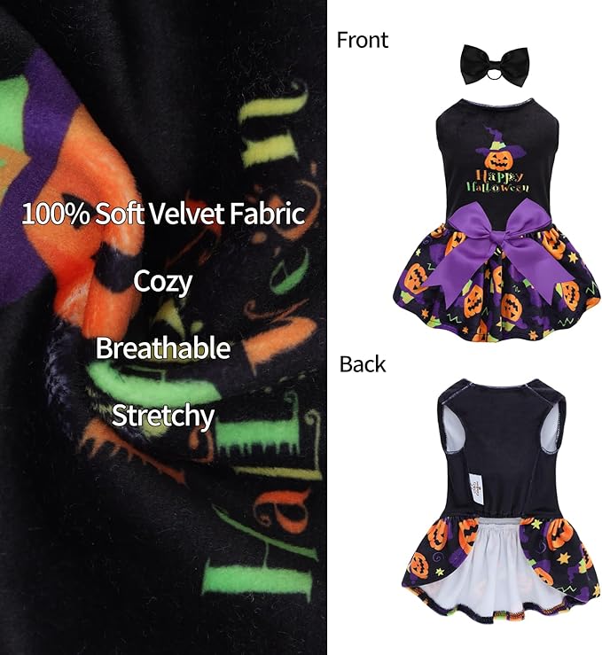 CuteBone Halloween Dog Dresses Velvet Holiday Small Dogs Clothes Onesie Pet Apparel Girl Puppy Skirt with Bow Hair Rope CVA41M-D