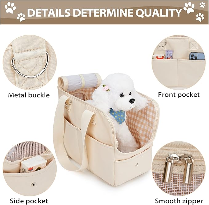 Dog Carriers for Small Dogs, Puppy Dog Purse for Small Dogs with Multiple Pockets, Hard Mat, Pet Carrier Tote Bag for Medium Cats, Puppy Max 15 lbs, Beige