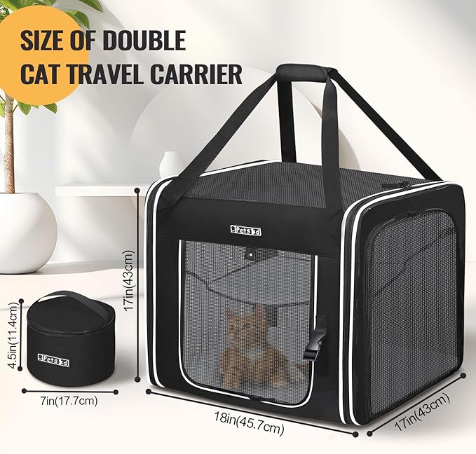 Petskd Combinable Pet Carrier for Large Cat or Medium Dog, 18"x17"x17" Large Cat Carrier for Car Travel, 2 Small Pet Soft Carrier with Food Bag, Bowl and Safety Locking Zippers for Vet, Camping