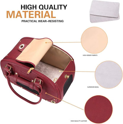 PetsHome Dog Carrier Purse, Pet Carrier, Cat Carrier, Foldable Waterproof Premium Leather Pet Travel Portable Bag Carrier for Cat and Small Dog Home& Outdoor Wine Red