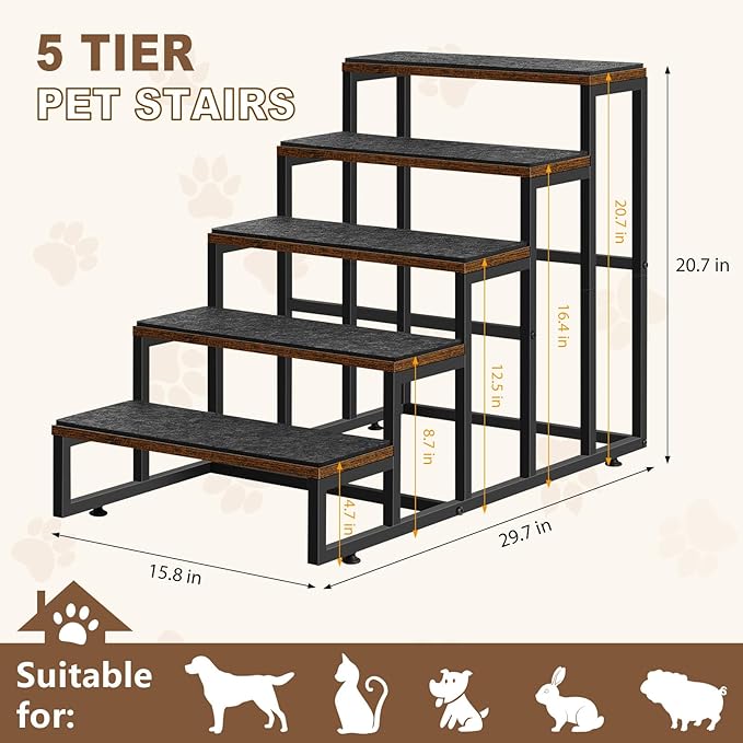 Dog Stairs Grey Dog Steps for High Beds 5 Tier Pet Stairs for Small Medium Large Dogs and Cats