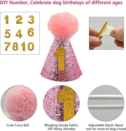 Dog Birthday Party Supplies, LMSHOWOWO Reusable Dog Birthday Bandana Set, Blingbling Dog Birthday Hat Bow Tie Numbers for Medium Large Dogs Pets Birthday Decorations (Pink, Large)
