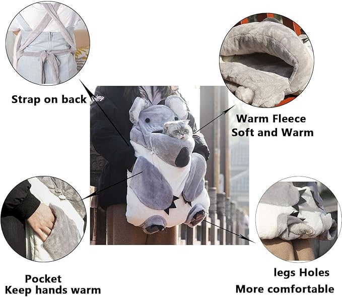 FLAdorepet Cat Carrier Front Bag Backpack Hands-Free Shoulder Carrier Legs Out,Funny Koala Small Dog Sleeping Bag Bed,Soft Fleece Funny Koala Pet Apron Costume (One Size(for pet under 12LBS), Grey)