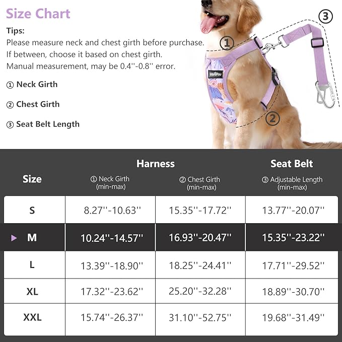 Dog Vehicle Safety Vest Harness, Adjustable Soft Padded Mesh Car Seat Belt Leash Harness with Travel Strap and Carabiner for Most Cars, Medium Size, Purple Flower