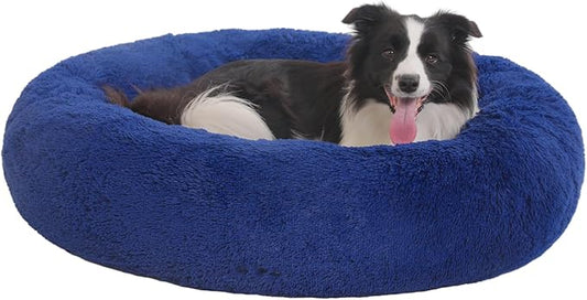 36" Calming Dog Bed with Removable Cover,Anti Anxiety Donut Dog Bed,Plush Round Pet Beds for Large Dogs,Fluffy Faux Fur Dog Bed,Washable Cuddler Dog Bed(Dark Blue,Large)