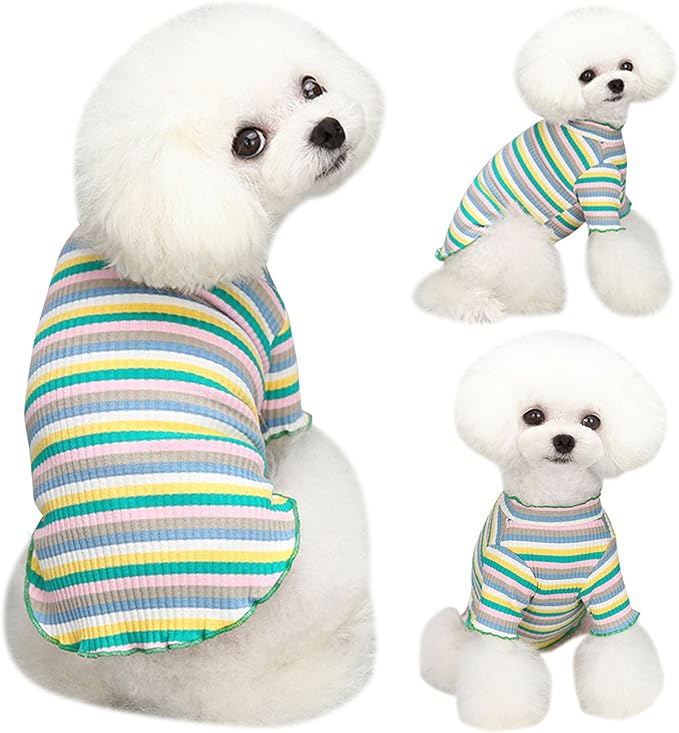 Small Medium Dog Clothes Rainbow Striped Dog Shirts Stretchable Long Sleeve Cat T-Shirt Pet Outfits for Chihuahua Yorkie Teddy (Green Edge