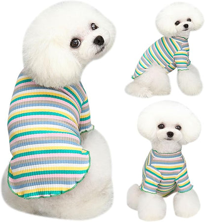 Small Medium Dog Clothes Rainbow Striped Dog Shirts Stretchable Long Sleeve Cat T-Shirt Pet Outfits for Chihuahua Yorkie Teddy (Green Edge