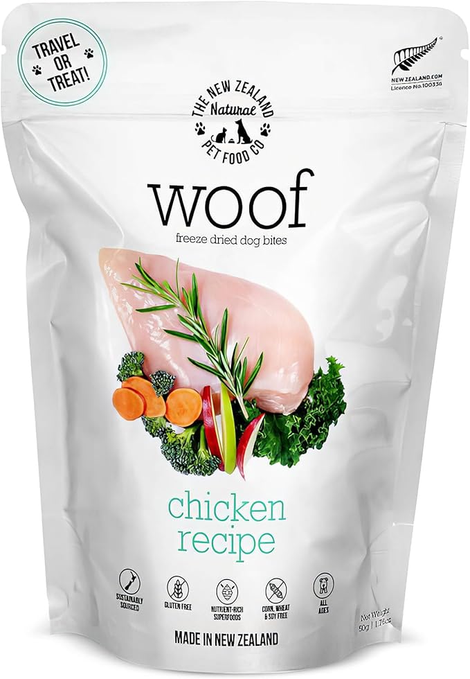 Woof Freeze Dried Dog Food - Chicken Recipe, High Protein, Dog Food Topper & Dog Treats, All Life Stages, 1.76 oz