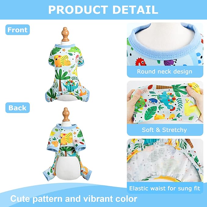 Dog Pajamas Pjs Spring Summer Dog Clothes for Small Dogs Girl - Boy - Medium Size Dogs, Soft Stretchy Puppy Clothes Doggie Onesies Cat Pet Jammies Outfit (Dinosaur Blue, X-Small)