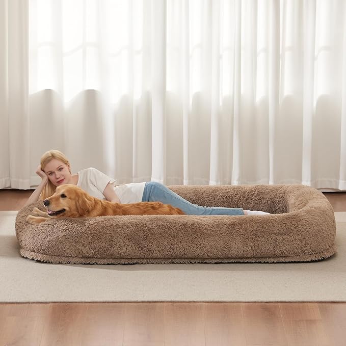 Human Dog Bed Cover (No Filler, Cover only), Human Size Dog Bed Cover Replacement, Suit for 72"x48"x10", 290 GSM Calming Fluffy Plush Cover Washable Removable Anti-Slip, Camel