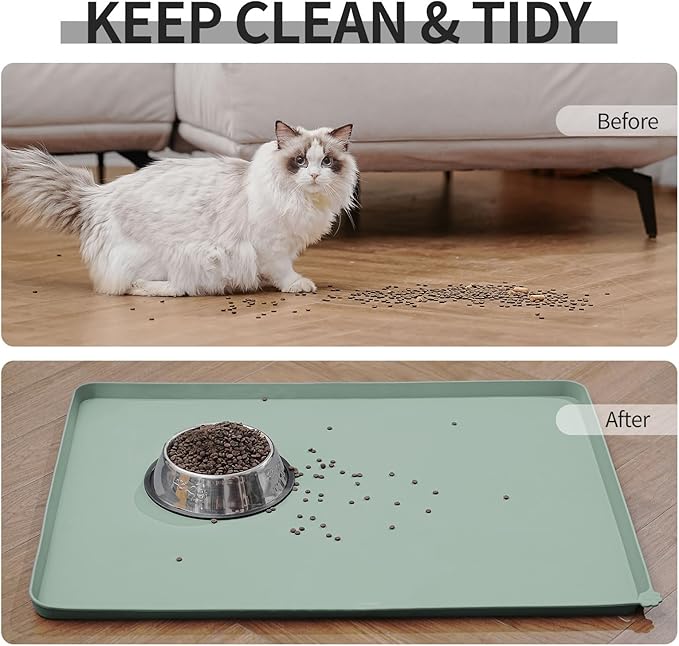 Reopet Waterproof Pet Feeding Mat with High Raised Edges, Heavier and Thicker Placemats for Cat Dog Water Bowl, BPA Free Silicone Feeding Mat, Dog Cat Feeding Mats for Food and Water Prevent Spill