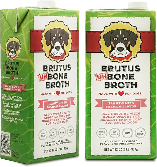 Brutus Vegetable Broth for Dogs 64 oz | All Natural | Made in USA |Omegas & Turmeric for Healthy Skin & Coat |Human Grade Ingredients |Hydrating Dog Food Topper, Gravy & Treat Salmon