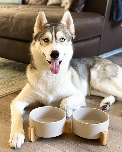 SPUNKYJUNKY Ceramic Dog and Cat Bowl with Wood Stand Non-Slip Matte Glaze Weighted Food Water Set for Cat Medium Dog 28.7 OZ