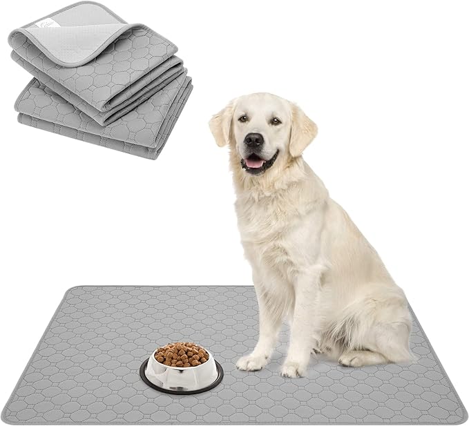 BINGPET Waterproof Dog Food Mat Non-Slip 2 Pcs,35.4" X 23.6" Anti-Slipextra Large Dog Food Mat for 2 Pack dog bowls,Absorbent Pet Feeding Mats Washable Pee Pads for Puppies Cats,Bone & Paw Pattern