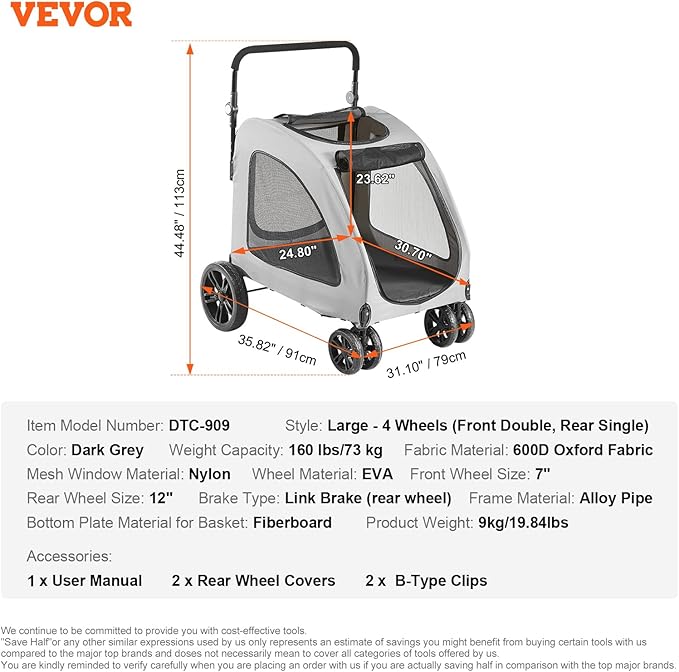 VEVOR Extra Large Dog Stroller for Dogs Up to 160lbs 4 Wheel 2 Dogs