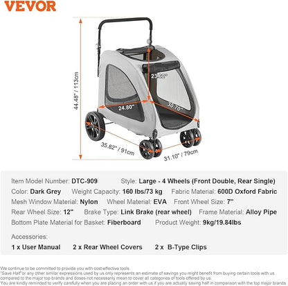 VEVOR Extra Large Dog Stroller for Dogs Up to 160lbs 4 Wheel 2 Dogs