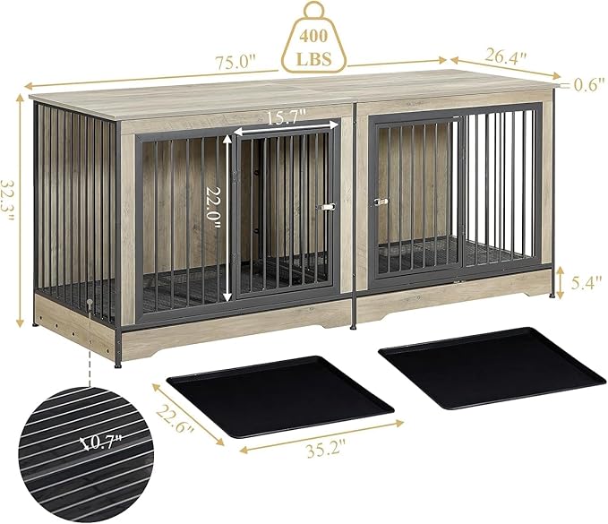 Rovibek 75'' Double Dog Crate Furniture for 2 Large Dogs