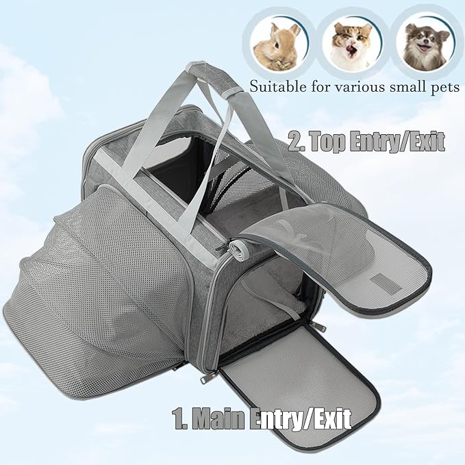 Puppy Carrier Cat Bag Expandable Bunny Small Animal Traveling Outdoor Carry Kennel (Grey,2Sides Expandable)