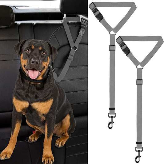 2 Packs Dog Cat Safety Seat Belt Strap Car Headrest Restraint Adjustable Nylon Fabric Dog Restraints Vehicle Seatbelts Harness (Gray)