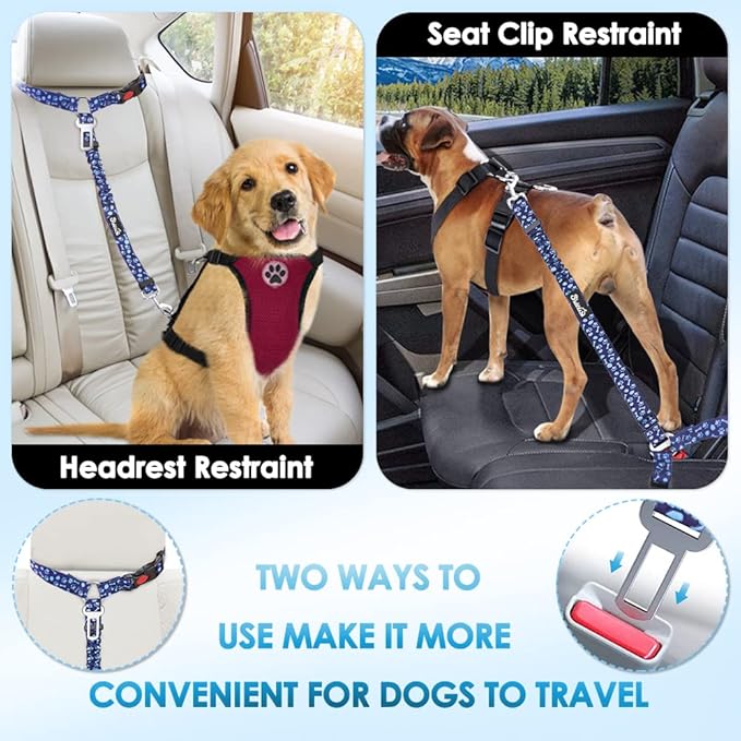 Lukovee Dog Car Seat Belt, 2 Pack Headrest Restraint Seatbelt, Adjustable Pet Safety Leads with Reflective Elastic Bungee for Dog Harness Collar Travel Daily Use (Blue Paw,Headrest+Clip)