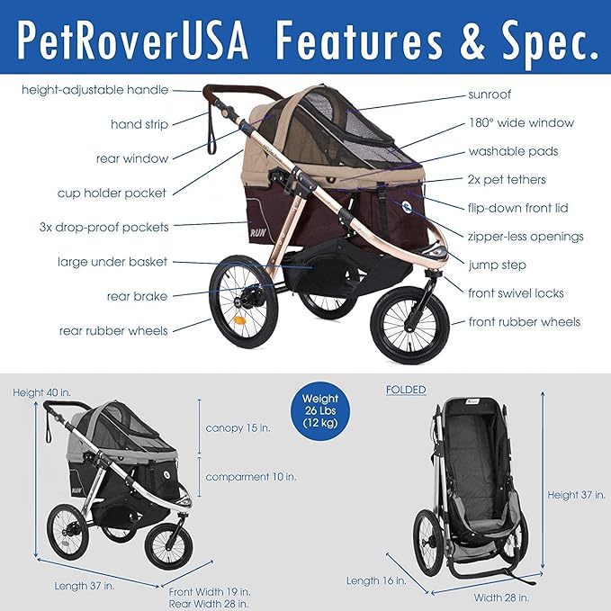 HPZ Pet Rover Run Performance Jogging Sports Stroller with Comfort Rubber Wheels/Zipper-Less Entry/1-Hand Quick Fold/Aluminum Frame for Small/Medium Dogs