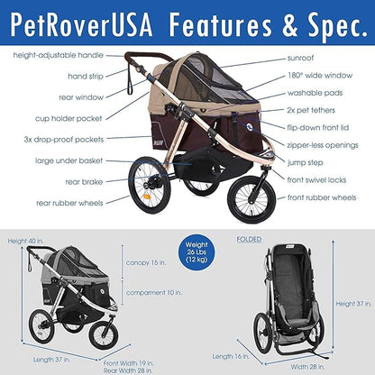 HPZ Pet Rover Run Performance Jogging Sports Stroller with Comfort Rubber Wheels/Zipper-Less Entry/1-Hand Quick Fold/Aluminum Frame for Small/Medium Dogs