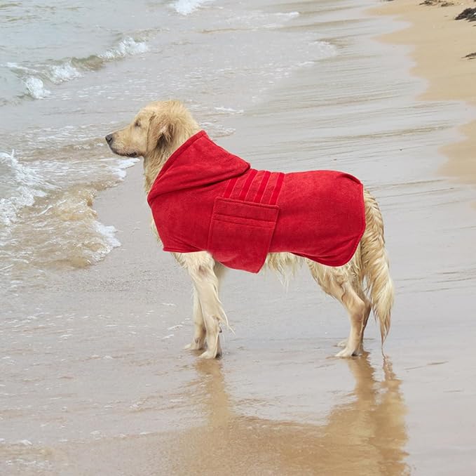 Geyecete Dog Drying Coats with Hood-Dog Towels Absorbent Robe Dry Fast Dog Bag-Dog Bathrobe Towel-Microfibre Fast Drying Super Absorbent-Red-L