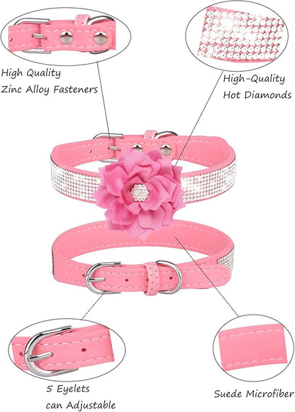 Rhinestone Dog Collar for Small Medium Dogs Pink Medium Dog Collar for Girl Female Dogs Flower Puppy Collar for Summer Spring Wedding Puppy Necklace Girl Dog Collar (Pink