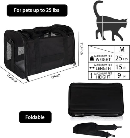 Cat Carrying Case - Pet Carrier Airline Approved, Protable and Breathable Pet Travel Carrier Removable Fleece Pad, Collapsible Cat Carrier Dog Carrier for Medium Cats Small Cats Dogs(Medium, Black)