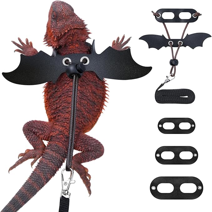 Bearded Dragon Harness and Leash Set, Adjustable Harness Soft Leather-3 Sizes (S, M, L) with Black Wing, Upgrade Lizard Reptile Leash Harness for Bearded Dragon,Lizard, Iguana or Gecko