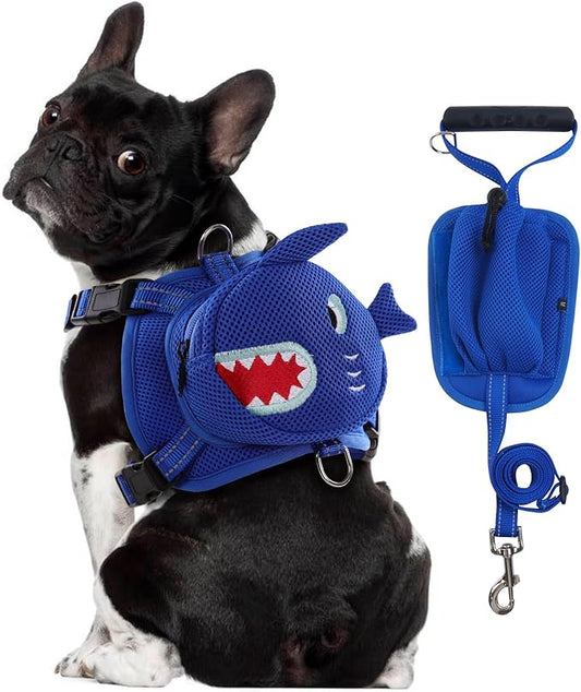 Dog Backpack Harness, Cute Dog Harness with Leash, Dog Harness with Backpack, No Pull Dog Saddle Bag Puppy Vest, Mesh Shark Self Bag with D-Ring, Dog Hiking Backpack for Small Medium Dogs S