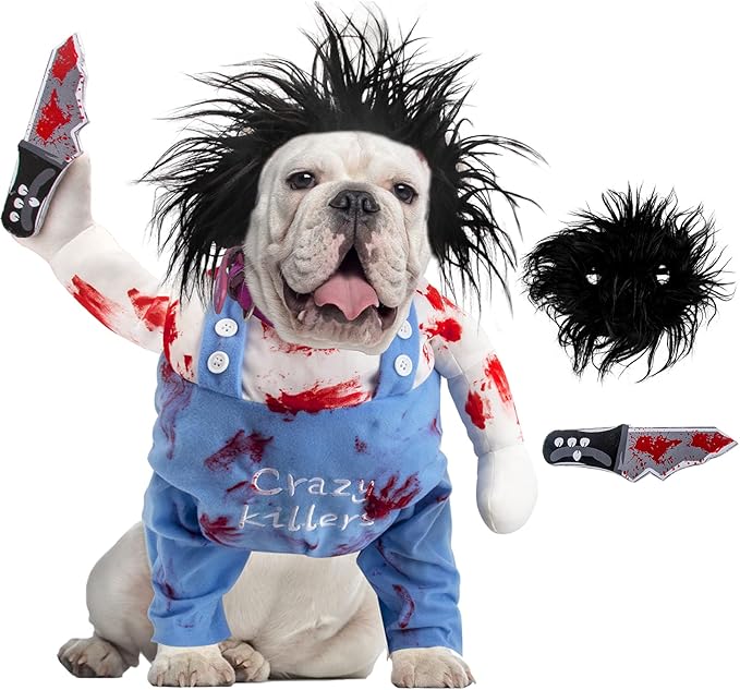 Deadly Dog Clothes Dog Costume Halloween Costumes for Dogs, Adjustable Dog Cosplay Costume Funny Doll Wig Pug Dog Party Clothes Christmas Costume, Dog Deadly Costume with Blood Knife Medium