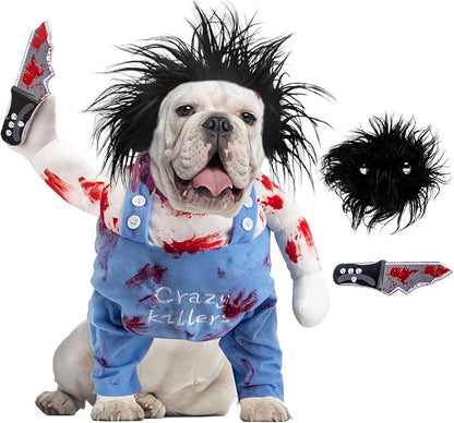 Deadly Dog Clothes Dog Costume Halloween Costumes for Dogs, Adjustable Dog Cosplay Costume Funny Doll Wig Pug Dog Party Clothes Christmas Costume, Dog Deadly Costume with Blood Knife