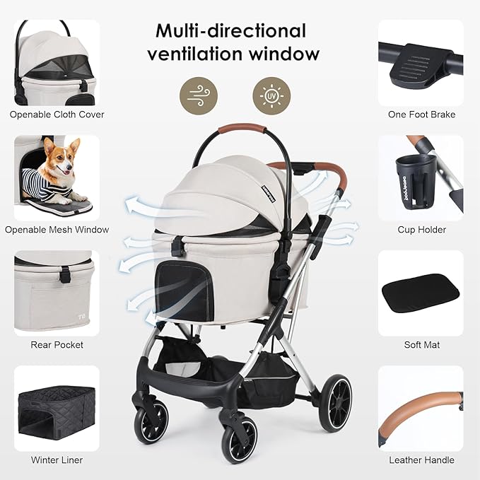 T6 Luxury Pet Stroller for Medium Dog Under 66lbs or 2 Small Dogs & Cats