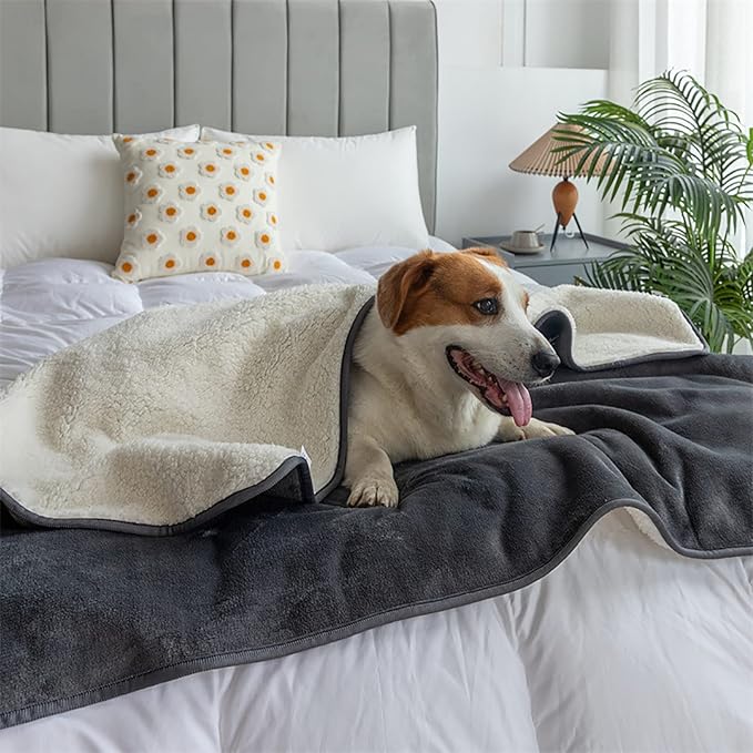 Waterproof Dog Blanket, 3-Layer Flannel and Sherpa Pet Throw, Reversible Protector Cover for Bed Couch Sofa, Grey, 60"x80"