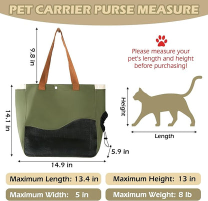 Fhiny Cat Purse Carrier, Small Dog Carrier Tote Breathable Mesh Pet Carrier Bag Soft Sided Adjustable & Foldable Kitten Travel Bag for Cats Kittens Rabbits Small Dogs Shopping Travel (Green)