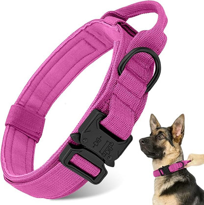 Tactical Dog Collar Heavy Duty Metal Buckle with Handle for Dog Training (Pink