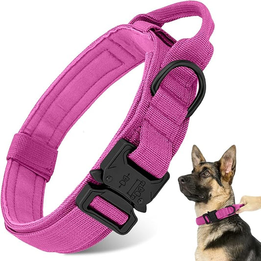 Tactical Dog Collar Heavy Duty Metal Buckle with Handle for Dog Training (Pink
