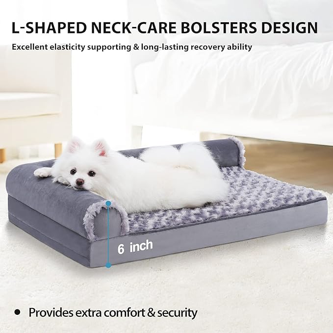 MIHIKK Orthopedic Pet Bed Deluxe Plush L-Shaped Couch with Waterproof Lining Bolster Sleeping Sofa with Removable Washable Cover & Nonskid Bottom for Small Dogs
