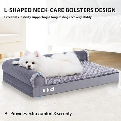 MIHIKK Orthopedic Pet Bed Deluxe Plush L-Shaped Couch with Waterproof Lining Bolster Sleeping Sofa with Removable Washable Cover & Nonskid Bottom for Small Dogs