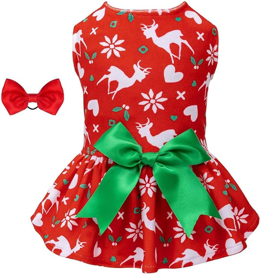 CuteBone Dog Dresses Velvet Holiday Small Dogs Clothes Onesie Pet Apparel Girl Puppy Skirt with Bow Hair Rope CVA31S