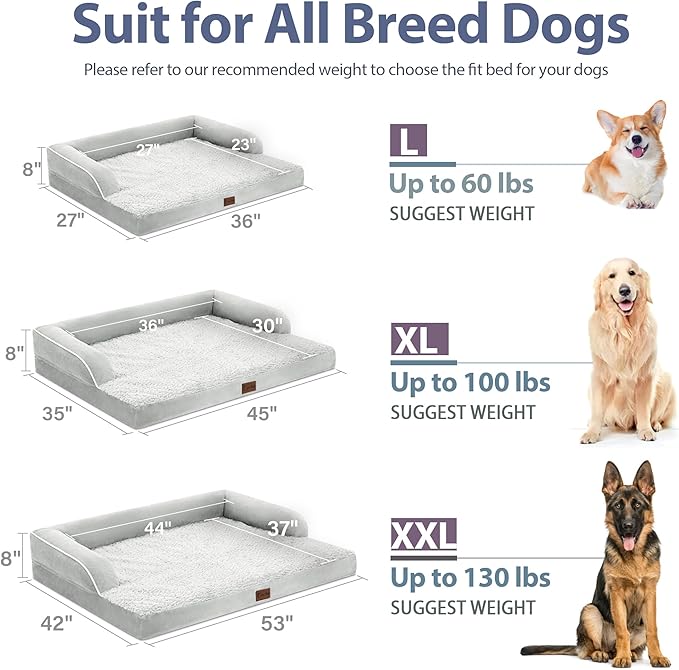 XXL Dog Bed with Bolsters, Orthopedic Dog Beds for Extra Large Dogs, Waterproof Dog Beds XLarge, Memory Foam Dog Bed with Removable Washable Cover, Nonskid Bottom (XX-Large,Grey White)