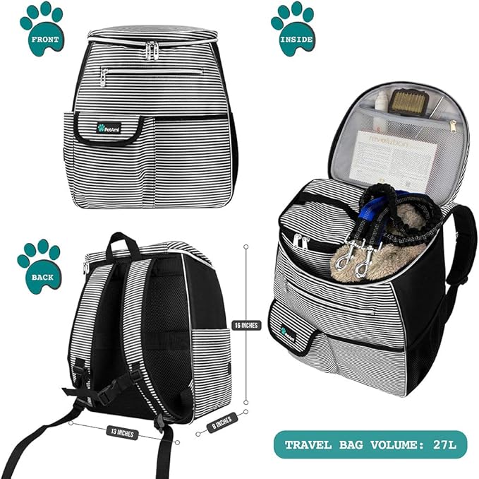 PetAmi Dog Travel Bag Backpack, Airline Approved Dog Bags for Traveling, Puppy Diaper Bag Supplies, Pet Camping Essentials Hiking Accessories Dog Gift, Food Container, Collapsible Bowls, Stripe Black