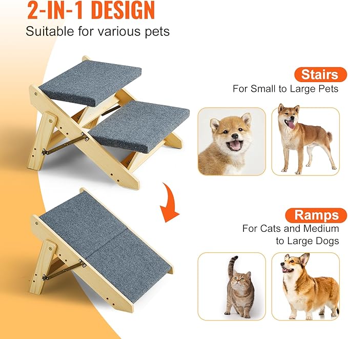 VEVOR Wood Pet Stairs/Pet Steps 2-in-1 Foldable 2 Steps 110 lbs